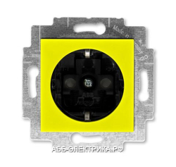 Розетка 1-ая электрическая , с заземлением и защитными шторками (безвинтовой зажим), цвет Желтый/Дым
